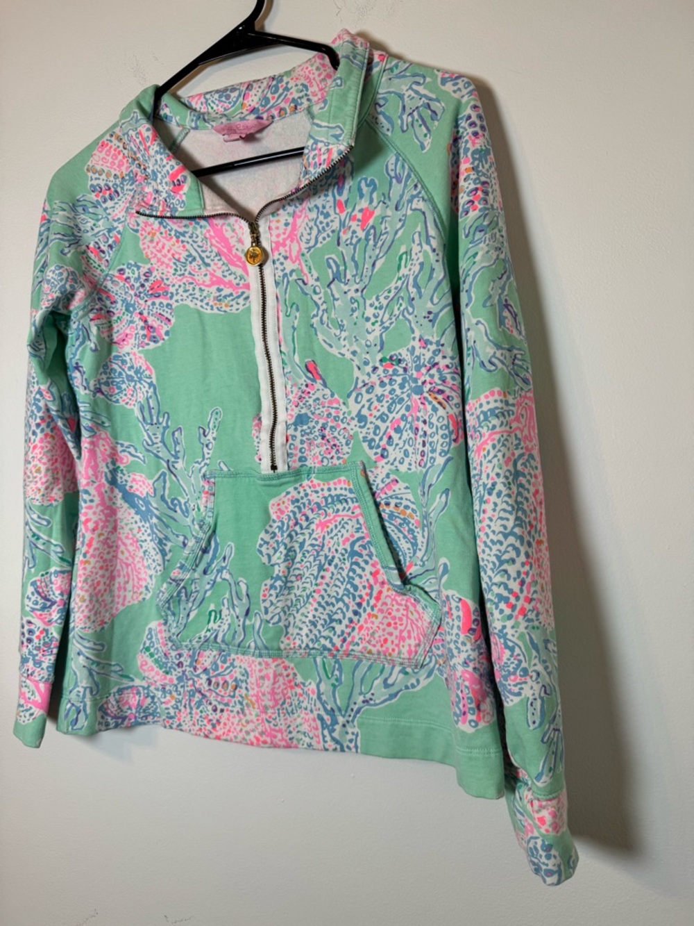 Lilly Pulitzer Popover Half Zip Pullover Coral Reef Print Pink Green Small
